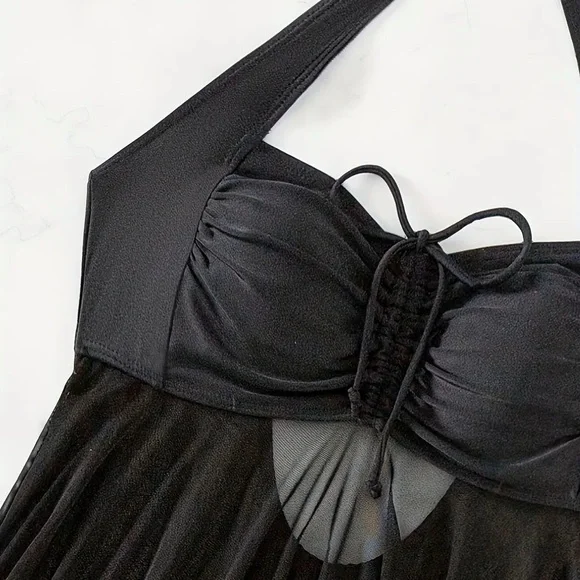 So High XL 2 Piece Set Tankini Swimsuit Mesh Halter Neck Tie Black Boy Shorts - Picture 5 of 7